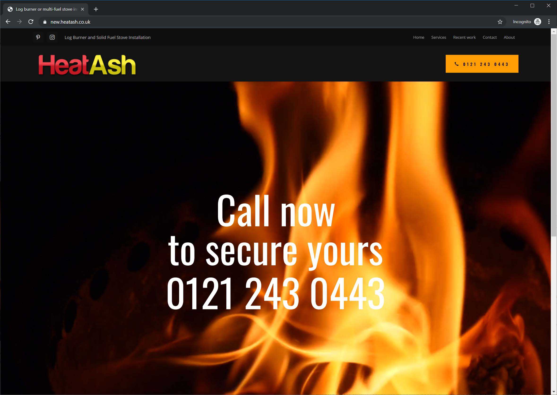 HeatAsh log burner website main page with fire background